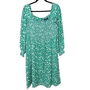 Jessica Howard Womens 14 Green White Floral Dress Long Sleeve Smocked Top Pocket